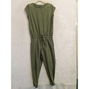 Albion Utility Jumpsuit Olive Green Cap Sleeve Drawstring Waist XS Nylon Spandex